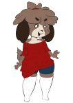  2019 animal_crossing anthro black_nose brown_fur bunihud canid canine canis clothed clothing digby_(animal_crossing) domestic_dog empty_eyes floppy_ears freckles fur girly hair knee_socks legwear male mammal nintendo open_mouth oversized_shirt shih_tzu shirt shorts smile socks solo standing tongue video_games 