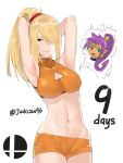  blonde_hair blue_eyes bra breasts cleavage cleavage_cutout countdown cowboy_shot high_ponytail highres j@ck large_breasts long_hair looking_at_viewer metroid mole mole_under_mouth navel samus_aran shantae:_half-genie_hero shantae_(character) shantae_(series) shantae_and_the_pirate's_curse shorts simple_background smile solo spirit_(super_smash_bros.) super_smash_bros. super_smash_bros._ultimate underwear white_background 