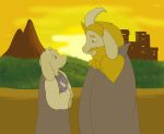  asgore_dreemurr beard blonde_hair boss_monster bovid caprine detailed_background duo facial_hair female floppy_ears goat green_eyes hair happy male male/female mammal red_eyes smile sunset toriel undertale video_games wannabegamergirl100 