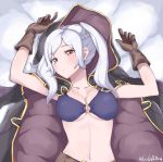  1girl blush breasts brown_gloves cape cleavage female_my_unit_(fire_emblem:_kakusei) fire_emblem fire_emblem:_kakusei fire_emblem_heroes gloves grey_hair grimmelsdathird highres large_breasts leather leather_gloves lying my_unit_(fire_emblem:_kakusei) navel nintendo o-ring o-ring_bikini on_back red_eyes solo twitter_username 