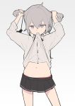  1girl arms_up bangs black_skirt bunching_hair collared_shirt commentary dress_shirt eyebrows_visible_through_hair girls_frontline grey_background grey_hair grey_shirt gz_(gzdteee) hair_between_eyes highres lifted_by_self long_sleeves m200_(girls_frontline) navel panties pleated_skirt purple_eyes red_panties shirt shirt_lift sidelocks simple_background skirt solo twintails underwear 