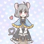  animal_ears basket blue_capelet blush capelet commentary_request dress grey_dress grey_hair grey_ribbon heart heart_tail long_sleeves mouse mouse_ears nazrin salt_(seasoning) short_hair smile standing tail touhou 
