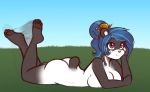  4_toes anthro black_fur blue_hair blue_sky breast_rest breasts female fur giant_panda grass hair hair_tie hairpin hand_on_head hi_res legs_up lying mammal motion_blur multicolored_fur nude on_front outside pawpads paws ponytail purple_eyes scorpdk side_boob sky smile solo swinging_legs toes two_tone_fur ursid white_fur 
