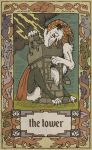  5_fingers anthro card castle claws clothing digital_media_(artwork) elbow_tufts english_text fortune_telling fur lightning macro musorok open_mouth out shoulder_tuft sitting tarot tarot_card text tongue tongue_out tower tuft white_fur 