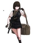  1girl absurdres assault_rifle bag black_legwear brown_eyes brown_hair commentary duffel_bag foregrip gloves gun highres m4_carbine original plaid plaid_skirt rifle school_uniform short_hair short_sleeves skirt solo suppressor sweater_vest treeman weapon white_background 