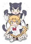  2girls animal_ears animal_print appleq bangs behind_another black_hair black_leopard_(kemono_friends) black_shirt blonde_hair blush bow bowtie breast_pocket commentary_request extra_ears eyebrows_visible_through_hair full_body gloves green_eyes grin hair_lift hand_on_own_chin hand_on_own_leg hand_up hands_up highres holding holding_hair indian_style kemono_friends kneeling leopard_(kemono_friends) leopard_ears leopard_print leopard_tail lifted_by_another long_hair looking_at_viewer multicolored_hair multiple_girls open_mouth pocket print_gloves print_legwear print_skirt red_neckwear shirt shoes short_sleeves sidelocks simple_background sitting skirt smile tail thighhighs twintails v-shaped_eyebrows white_background white_hair white_shirt yellow_eyes zettai_ryouiki 