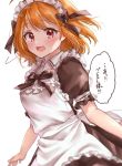  1girl :d alternate_costume apron bangs black_dress black_neckwear black_ribbon blush commentary_request dress enmaided frilled_apron frilled_sleeves frills hair_ribbon looking_at_viewer love_live! love_live!_sunshine!! maid maid_apron maid_headdress minori_748 neck_ribbon open_mouth orange_hair red_eyes ribbon short_hair short_sleeves smile solo takami_chika translation_request turning_head white_apron white_background 