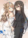  2girls :d bangs black_jacket black_pants blue_eyes blush breasts brown_background brown_eyes brown_hair cleavage closed_mouth commentary dress earrings english_commentary eye_contact eyebrows_visible_through_hair formal girls_frontline glint goyain hair_between_eyes hair_ornament hands_together heterochromia highres jacket jewelry long_hair looking_at_another m1014_(girls_frontline) medium_breasts multiple_girls one_side_up open_mouth pant_suit pants red_eyes ringlets smile strapless strapless_dress suit suomi_kp31_(girls_frontline) tiara very_long_hair white_dress x_hair_ornament 