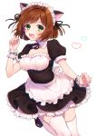 1girl alternate_costume apron breasts brown_hair cleavage enmaided eyebrows_visible_through_hair fang_out frilled_hairband frills green_eyes hairband heart idolmaster idolmaster_cinderella_girls leg_up looking_at_viewer maekawa_miku maid maid_apron maid_headdress medium_breasts open_mouth puffy_short_sleeves puffy_sleeves shoes short_hair short_sleeves solo thighhighs usano white_background wrist_cuffs 