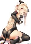  1girl animal_ear_fluff animal_ears ass back backless_outfit bangs bell black_gloves black_hairband black_leotard blush breasts cat_ears cat_girl cat_tail commentary_request elbow_gloves eyebrows_visible_through_hair fake_animal_ears fate/kaleid_liner_prisma_illya fate_(series) fur-trimmed_gloves fur_trim gloves hair_bell hair_between_eyes hair_ornament hair_ribbon hairband illyasviel_von_einzbern jingle_bell leotard light_brown_hair long_hair looking_at_viewer one_side_up open_mouth paw_gloves paw_shoes paws red_eyes red_ribbon ribbon shoe_soles shoes simple_background sitting small_breasts smile solo sugiyuu tail tail_bell tail_ribbon wariza white_background 