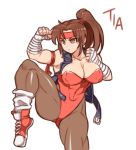  1girl @0721kin29n arm_band breakers breasts brown_hair claivicle cleavage fighting_stance head_band leg_up leg_warmers leotard looking_away loose_socks muay_thai muscular navel pantyhose ponytail shoes sneakers solo thigh_gap tia_langray wrist_wrap 