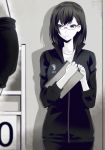  1girl bangs black_hair clipboard commentary_request glasses haikyuu!! highres holding holding_clipboard kuso_bba looking_at_another mole mole_under_mouth purple_eyes rimless_eyewear shimizu_kiyoko shirt standing track_suit white_shirt 