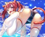  1girl :d all_fours animal_ears ass azur_lane bangs bare_shoulders black_hat blue_sky blue_swimsuit blush cat_ears cat_girl cat_tail cloud commentary_request competition_school_swimsuit day fang feet foot_up from_behind hat highres horizon i-19_(azur_lane) long_hair long_sleeves looking_at_viewer looking_back no_shoes noboru_(ohayochan) ocean open_mouth pink_eyes red_hair sky smile soles solo sparkle swimsuit tail tareme thighhighs twintails water water_drop wet white_legwear 