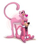  2017 anthro black_nose by-nc-nd collar cougar creative_commons crossover cuffs_(disambiguation) duo eyebrows felid feline fur hanna-barbera looking_down looking_up male mammal metro-goldwyn-mayer orlandofox pantherine pink_fur pink_panther pink_panther_(series) pose ribbons simple_background sitting snagglepuss snagglepuss_(series) whiskers white_background yellow_sclera 