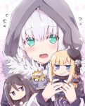  1boy 2girls @_@ add_(lord_el-melloi_ii) ahoge black_eyes black_hair black_suit blonde_hair blue_eyes blue_scarf blush character_doll cloak closed_mouth commentary_request creature cube demon_tail doll eyebrows_visible_through_hair fang fate/grand_order fate_(series) flower formal fur-trimmed_cloak fur_trim gray_(lord_el-melloi_ii) green_eyes grey_hair hair_between_eyes hair_flower hair_ornament hat holding holding_doll hood hood_up hooded_cloak long_hair looking_at_viewer lord_el-melloi_ii lord_el-melloi_ii_case_files mini_hat multiple_girls necktie neckwear open_mouth red_neckwear reines_el-melloi_archisorte rioshi rose scarf short_hair suit tail teeth waver_velvet white_flower white_rose 