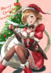  1girl ;d aqua_(popogori) between_legs boots box brown_eyes brown_gloves brown_hair brown_legwear christmas_tree copyright_name cutout djeeta_(granblue_fantasy) frilled_skirt frills fur-trimmed_boots fur-trimmed_hat fur-trimmed_sleeves fur_trim gift gift_box gloves granblue_fantasy hand_between_legs hat holding holding_box looking_at_viewer merry_christmas miniskirt one_eye_closed open_mouth pink_background red_footwear red_headwear red_skirt santa_hat shiny shiny_hair short_hair short_sleeves sitting skirt smile solo sparkle striped striped_neckwear thighhighs 