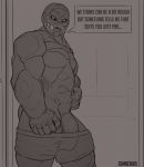  bulge clothed clothing destiny_(video_game) dialogue english_text greyscale hi_res looking_at_viewer machine male monochrome muscular muscular_male not_furry pants_down partially_clothed penis robot solo standing text topless zomacaius 