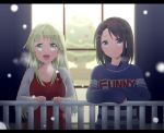  2girls :d bang_dream! bangs black_hair blonde_hair blue_eyes blue_shirt breath christmas_tree clothes_writing collarbone dress expressionless hair_ornament hairclip harusawa holding_railing jacket letterboxed long_hair long_sleeves medium_hair multiple_girls night okusawa_misaki open_mouth outdoors railing red_dress shirt sleeves_past_wrists smile snowing sweatshirt tsurumaki_kokoro upper_body white_jacket window yellow_eyes 