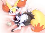  absurd_res anthro bed blush braixen butt choker clothed clothing collar crown eryz feather_duster hi_res laying_on_bed legwear maid_headdress maid_uniform nintendo pok&eacute;mon pok&eacute;mon_(species) pussy pussy_juice smile stockings tiara uniform video_games 