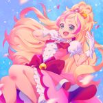  1girl :d absurdres blonde_hair blue_background bow bowtie choker cure_flora eriko floating_hair gloves go!_princess_precure gradient_hair green_eyes hair_ornament high_ponytail highlights highres long_hair medium_skirt multicolored_hair open_mouth petals pink_hair pink_skirt precure red_bow red_neckwear short_sleeves skirt smile solo two_side_up very_long_hair white_gloves 