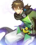  1boy beard black_cape blue_ribbon brown_hair cape cigarette commentary_request eyebrows_visible_through_hair facial_hair fate/grand_order fate_(series) goatee green_eyes green_shirt hair_between_eyes hair_ribbon hector_(fate/grand_order) looking_at_viewer male_focus one_eye_closed pants parted_lips ponytail ribbon shirt simple_background smile smoke smoking solo spiked_hair teeth waku_(ayamix) white_background white_pants 