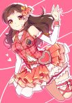  1girl belt belt_buckle brown_eyes brown_hair buckle choker detached_sleeves hair_ornament heart heart_buckle heart_hair_ornament idolmaster idolmaster_million_live! kitazawa_shiho layered_skirt legs_up long_hair long_sleeves looking_at_viewer miniskirt pink_background pink_ribbon ribbon shiny shiny_hair skirt smile solo thigh_ribbon thigh_strap touon white_sleeves 