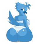  avian beak big_breasts big_butt bird blue_feathers bra breasts butt clothing feathers female panties thick_thighs tweetfur twitter underwear vammzu 