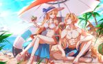  1boy 1girl beach bikini blonde_hair blue_eyes breasts chair cleavage eating faicha food fruit hat high_heels highres ice_cream innertube langrisser langrisser_ii leon_(langrisser) long_hair looking_at_another medium_breasts navel ocean palm_tree pectorals rana_(langrisser) sand sandals shorts side-tie_bikini sitting sun_hat swimsuit tree umbrella very_long_hair watermelon white_bikini white_swimsuit yellow_eyes 