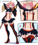  1girl absurdres amanda_o&#039;neill artist_name ass black_gloves black_legwear blonde_hair boots breasts cosplay gloves green_eyes high_heel_boots high_heels highres kill_la_kill little_witch_academia medium_breasts multicolored_hair navel open_mouth red_hair senketsu short_hair simple_background solo standing teeth thigh_boots thighhighs two-tone_hair underboob wand zeromomentai 
