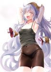  1girl absurdres arm_up armpits bare_shoulders blush bodysuit breasts cowboy_shot eyes_closed ganari_ryuu granblue_fantasy headpiece highres lavender_hair long_hair medium_breasts medusa_(shingeki_no_bahamut) open_mouth shingeki_no_bahamut simple_background sleepy small_breasts smile snake_hair solo standing stretch tears very_long_hair waking_up yawning 