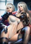  2girls bangs bare_shoulders black_bra black_gloves black_legwear black_panties bra breasts elbow_gloves gloves green_eyes hair_between_eyes hairband leotard lips long_hair looking_at_viewer mole mole_under_mouth multiple_girls nier_(series) nier_automata no_blindfold nudtawut_thongmai panties parted_lips short_hair shrug signature skindentation thighhighs thighs underwear white_hair white_leotard yorha_no._2_type_b yorha_type_a_no._2 