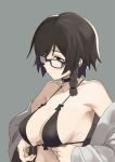  1girl adjusting_clothes adjusting_swimsuit armpits bangs bare_shoulders bikini black-framed_eyewear black_bikini black_hair braid breasts brown_eyes cleavage closed_mouth collarbone ear_clip expressionless fanbox_reward glasses grey_background highres long_sleeves looking_away medium_breasts mole mole_under_eye ningen_(ningen96) off_shoulder open_clothes original paid_reward short_hair side_braid simple_background solo swimsuit upper_body 