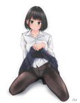  1girl absurdres amego bangs black_hair black_legwear blush bob_cut breasts brown_eyes collarbone crotch_seam dress_shirt full_body groin hand_up head_tilt highres kneeling lifted_by_self looking_at_viewer medium_breasts original panties panties_under_pantyhose pantyhose parted_lips pleated_skirt school_uniform shiny shiny_clothes shirt short_hair simple_background skirt skirt_lift solo spread_legs underwear 