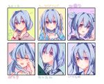  1girl :d ? bangs bare_shoulders beniko_(ymdbnk) black_vest blue_hair blush braid brown_shirt closed_mouth collarbone collared_shirt double_bun eyebrows_visible_through_hair eyes_closed flying_sweatdrops grey_shirt hair_between_eyes hair_over_shoulder hair_ribbon hand_up highres long_hair looking_at_viewer low_twintails open_mouth original puffy_sleeves red_eyes ribbon shirt short_hair side_bun sleeveless smile spoken_question_mark translation_request twin_braids twintails variations vest yellow_ribbon 