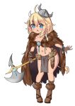  +_+ 1girl :&lt; ahoge axe bailingxiao_jiu bangs blonde_hair blue_eyes blush braid brown_cloak brown_footwear brown_gloves cloak collarbone eyebrows_visible_through_hair facial_tattoo fang fingerless_gloves full_body fur-trimmed_boots fur_trim gloves grey_headwear hair_between_eyes hair_ornament helmet holding holding_axe horned_helmet horns loincloth long_hair navel open_mouth original pigeon-toed side_braid simple_background single_braid skull_hair_ornament solo standing tattoo tilted_headwear triangle_mouth viking white_background 