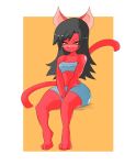  black_hair domestic_cat felid feline felis female fur hair hi_res long_hair mammal red_fur solo thick_thighs vammzu wide_hips 