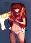  1girl animal_print artist_name ask_(dreaming_cat) bangs bra bunny_panties bunny_print hair_between_eyes heart lifted_by_self looking_at_viewer navel neon_genesis_evangelion orange_hair panties print_panties red_shirt shirt shirt_lift solo soryu_asuka_langley standing twintails underwear white_bra white_panties 