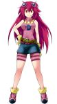  1girl bangs bare_shoulders belt blue_skirt breasts closed_mouth digimon digimon_story:_lost_evolution full_body gloves hair_between_eyes hair_ornament hand_on_hip kizuna_(digimon) legs_apart long_hair looking_at_viewer medium_breasts miniskirt n36hoko pink_footwear pink_hair pink_shirt pink_skirt red_eyes shirt simple_background skirt sleeveless sleeveless_shirt smile solo standing striped very_long_hair white_background yellow_belt yellow_gloves 