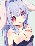  1girl animal_ears bangs bare_shoulders beniko_(ymdbnk) black_leotard blue_hair blush breasts bunny_ears cleavage collarbone eyebrows_visible_through_hair hair_between_eyes hair_intakes hand_on_own_chest hand_up highres leotard long_hair medium_breasts original parted_lips red_eyes solo star strapless strapless_leotard tears upper_body 