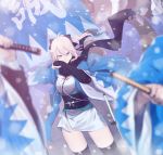  ahoge blood blood_from_mouth blurry_foreground cowboy_shot faceless faceless_male fate_(series) flag haori highres japanese_clothes katana koha-ace kurogiri obi okita_souji_(fate) okita_souji_(fate)_(all) sash scarf shinsengumi smile snow sword thighhighs thighs weapon wide_sleeves wind wiping_face 