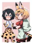  2girls animal_ears backpack bag black_eyes black_gloves black_hair black_legwear blonde_hair blush bow bowtie cosplay costume_switch elbow_gloves fur_collar gloves hair_between_eyes high-waist_skirt highres kaban_(kemono_friends) kemono_friends multiple_girls nekonyan_(inaba31415) open_mouth pantyhose pink_background print_gloves print_neckwear print_skirt red_shirt serval_(kemono_friends) serval_ears serval_print serval_tail shirt short_hair shorts simple_background skirt sleeveless sleeveless_shirt striped_tail tail translation_request wavy_hair 