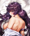 1girl bangs bare_shoulders blush breasts eyebrows_visible_through_hair fanbox_reward large_breasts long_hair looking_at_viewer looking_back lying nipples off_shoulder ogino_atsuki open_mouth original paid_reward profile purple_eyes purple_hair shiny shiny_hair solo twintails upper_body 