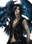  1boy bare_shoulders belt bird black_belt black_coat black_eyes black_hair black_pants black_vest closed_mouth coat collared_vest commentary crow devil_may_cry_5 full_body_tattoo griffon_(devil_may_cry_5) haban_(haban35) hair_over_one_eye highres jewelry looking_at_viewer male_focus medium_hair necklace open_clothes open_coat pants simple_background sleeveless sleeveless_coat smile standing tattoo v_(devil_may_cry) vest white_background 