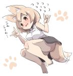  1girl :d afterimage animal_ear_fluff animal_ears ass bangs bare_arms bare_legs bare_shoulders barefoot black_skirt blush breasts brown_eyes collared_shirt double_fox_shadow_puppet eyebrows_visible_through_hair fang flying_sweatdrops fox_ears fox_girl fox_shadow_puppet fox_tail full_body hands_up light_brown_hair medium_breasts nose_blush open_mouth original shirt simple_background skirt sleeveless sleeveless_shirt smile solo tail tail_wagging thick_eyebrows translation_request u-non_(annon&#039;an) white_background white_shirt 