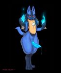  2019 3_toes absurd_res animal_genitalia animal_penis anthro balls black_background blue_penis canid canine canine_penis chelodoy erection glowing glowing_penis hi_res knot lucario magic male mammal nintendo penis pok&eacute;mon pok&eacute;mon_(species) precum raised_tail red_eyes simple_background solo spikes standing toes video_games 