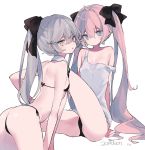  2girls :o arched_back ass bangs bare_arms bare_shoulders black_bow black_bra black_panties blue_eyes blush bow bra closed_mouth collarbone dated eyebrows_visible_through_hair hair_between_eyes hair_bow head_tilt high_ponytail knee_up leaning_forward long_hair mimelond multiple_girls off_shoulder original panties parted_lips pink_hair ponytail side-tie_panties silver_hair simple_background tank_top twintails underwear underwear_only very_long_hair white_background white_tank_top 