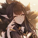  1girl black_hair breasts eyebrows_visible_through_hair eyelashes fate/grand_order fate_(series) fur_trim large_breasts long_hair looking_at_viewer lyra-kotto pointy_ears semiramis_(fate) smile solo spike upper_body yellow_eyes 