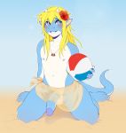  anthro ball balls beach beach_ball blonde_hair blush dragon flaccid girly hair hi_res horn humanoid_penis kneeling looking_at_viewer male nipples penis seaside sillysinz solo 