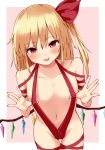 1girl :p absurdres bangs bare_shoulders blonde_hair blush border collarbone cowboy_shot crystal eyebrows_visible_through_hair flandre_scarlet flat_chest groin hair_between_eyes halterneck highres leg_ribbon long_hair looking_at_viewer navel no_hat no_headwear one_side_up outside_border pink_background red_eyes red_ribbon ribbon simple_background slingshot_swimsuit smile solo standing stomach swimsuit techi_(techi35499) thighs tongue tongue_out touhou white_border wings 
