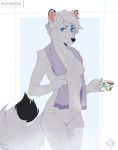  abstract_background anthro beverage blue_eyes breasts canid canine cheek_tuft diesel_wiesel dipstick_tail female fox fur grey_fur hi_res looking_at_viewer mammal multicolored_tail nipples nude smile solo tea towel tuft 